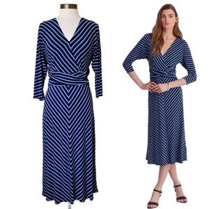 Lauren Ralph Lauren Chevron Striped Jersey Midi Dress Sz 4 Navy Light Blue